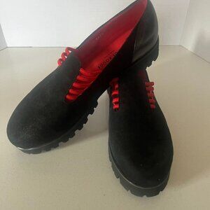 Pas De Rouge Black Suede Loafers W Size 41 With Red Banding & Lug Sole Italy